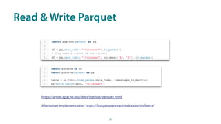 Read & Write Parquet
14
https://arrow.apache.org/docs/python/parquet.html
Alternative Implementation: https://fastparquet....