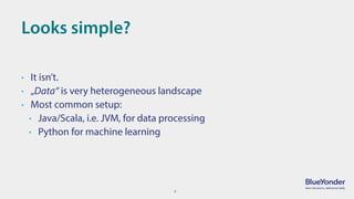 6
Looks simple?
• It isn’t.
• „Data“ is very heterogeneous landscape
• Most common setup:
• Java/Scala, i.e. JVM, for data processing
• Python for machine learning
 