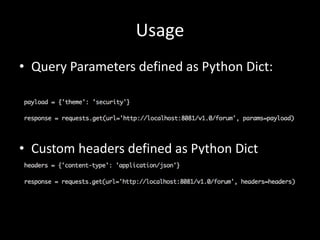 Usage 
• Query Parameters defined as Python Dict: 
• Custom headers defined as Python Dict 
 