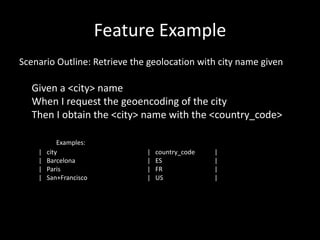 Feature Example 
Scenario Outline: Retrieve the geolocation with city name given 
Given a <city> name 
When I request the geoencoding of the city 
Then I obtain the <city> name with the <country_code> 
Examples: 
| city | country_code | 
| Barcelona | ES | 
| Paris | FR | 
| San+Francisco | US | 
 
