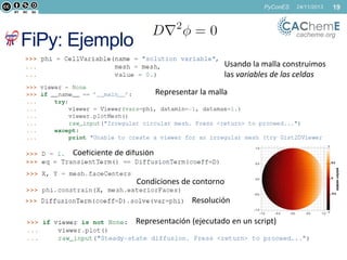 PyConES

24/11/2013

19

cacheme.org

FiPy: Ejemplo

Usando la malla construimos
las variables de las celdas
Representar la malla

Coeficiente de difusión
Condiciones de contorno
Resolución
Representación (ejecutado en un script)

 