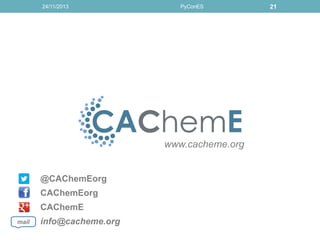 24/11/2013

PyConES

www.cacheme.org

@CAChemEorg
CAChemEorg

CAChemE
mail

info@cacheme.org

21

 