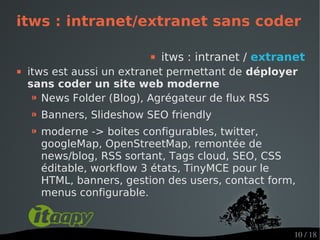 itws : intranet/extranet sans coder

                             itws : intranet / extranet
   itws est aussi un extranet permettant de déployer
    sans coder un site web moderne
     ⁍ News Folder (Blog), Agrégateur de flux RSS
    ⁍ Banners, Slideshow SEO friendly
    ⁍ moderne -> boites configurables, twitter,
      googleMap, OpenStreetMap, remontée de
      news/blog, RSS sortant, Tags cloud, SEO, CSS
      éditable, workflow 3 états, TinyMCE pour le
      HTML, banners, gestion des users, contact form,
      menus configurable.


                                                      10 / 18
 