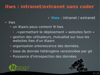 itws : intranet/extranet sans coder

                               itws : intranet / extranet
   itws
     ⁍ un iKaaro peux contenir N itws
         ->permettant le déploiement « websites farm »
    ⁍   gestion des utilisateurs, mutualisé sur tous les
        websites itws d'un iKaaro
    ⁍ organisation arborescence des données.
    ⁍ base de donnée hétérogène versionnéee par git
    ⁍ Puissance d'introspection des données


                                                        8 / 18
 