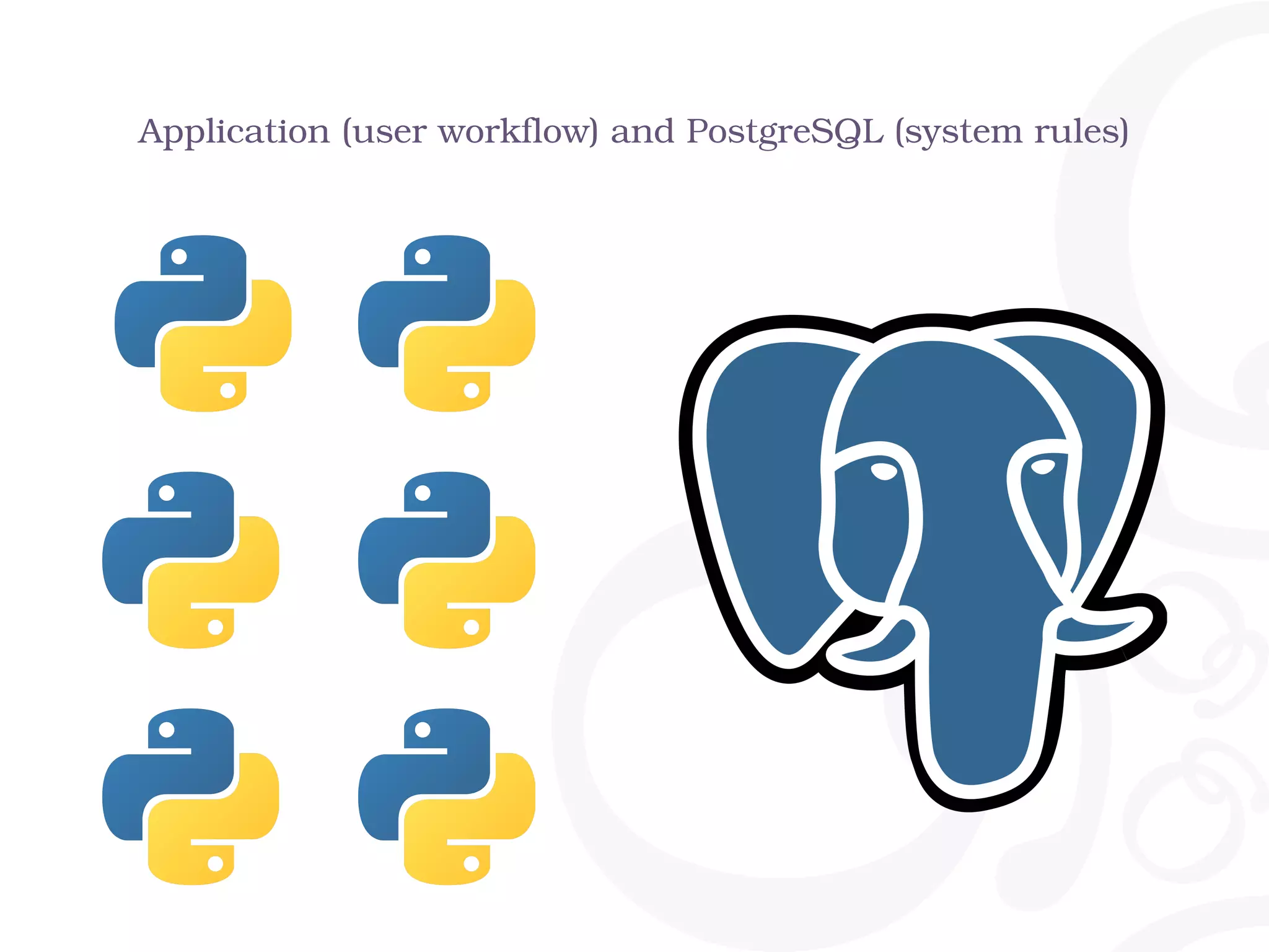 Application (user workflow) and PostgreSQL (system rules)
 