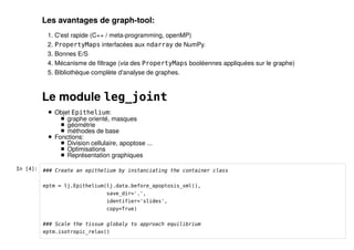 Les avantages de graph-tool: 
1. C'est rapide (C++ / meta-programming, openMP) 
2. PropertyMaps interfacées aux ndarray de NumPy. 
3. Bonnes E/S 
4. Mécanisme de filtrage (via des PropertyMaps booléennes appliquées sur le graphe) 
5. Bibliothèque complète d'analyse de graphes. 
Le module leg_joint 
Objet Epithelium: 
graphe orienté, masques 
géométrie 
méthodes de base 
Fonctions: 
Division cellulaire, apoptose ... 
Optimisations 
Représentation graphiques 
In [4]: ### Create an epithelium by instanciating the container class 
eptm = lj.Epithelium(lj.data.before_apoptosis_xml(), 
save_dir='.', 
identifier='slides', 
copy=True) 
### Scale the tissue globaly to approach equilibrium 
eptm.isotropic_relax() 
 