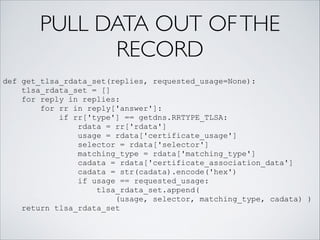 PULL DATA OUT OFTHE
RECORD
def get_tlsa_rdata_set(replies, requested_usage=None):
tlsa_rdata_set = []
for reply in replies:
for rr in reply['answer']:
if rr['type'] == getdns.RRTYPE_TLSA:
rdata = rr['rdata']
usage = rdata['certificate_usage']
selector = rdata['selector']
matching_type = rdata['matching_type']
cadata = rdata['certificate_association_data']
cadata = str(cadata).encode('hex')
if usage == requested_usage:
tlsa_rdata_set.append(
(usage, selector, matching_type, cadata) )
return tlsa_rdata_set
 