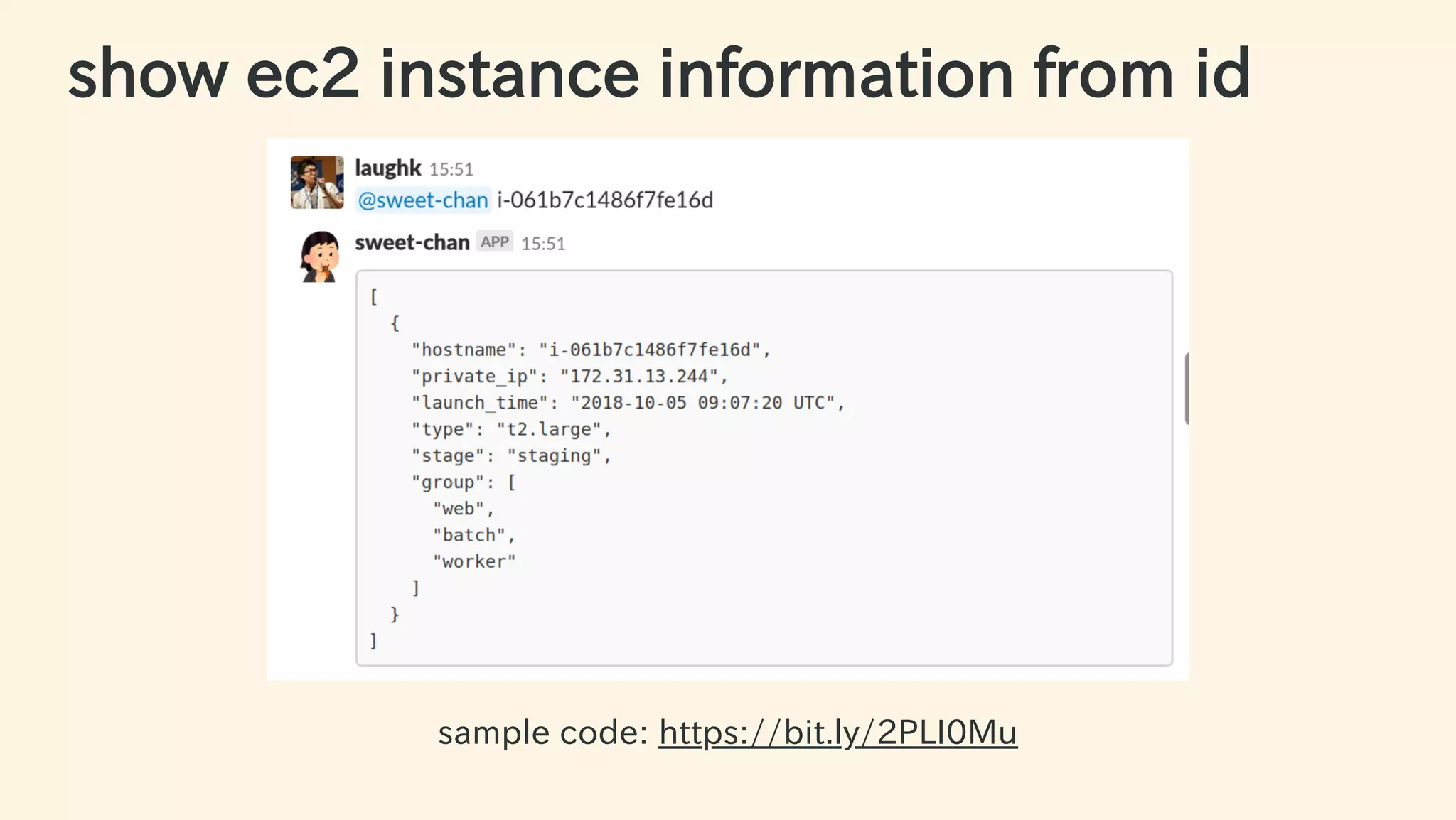 show ec2 instance information from id
sample code: https://bit.ly/2PLI0Mu
55 / 63
 