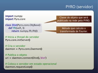 PYRO (servidor)

import numpy
                                              Classe do objeto que será
import Pyro.core
   ...