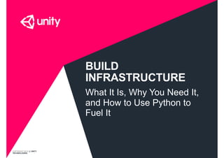 COPYRIGHT 2015 @ UNITY
TECHNOLOGIES
BUILD
INFRASTRUCTURE
What It Is, Why You Need It,
and How to Use Python to
Fuel It
 
