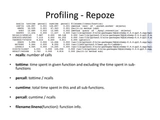 Profiling - Repoze<br />ncalls: number of calls<br />tottime: time spent in given function and excluding the time spent in...