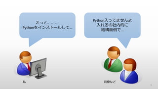5
えっと、、、
Pythonをインストールして…
Python入ってませんよ
入れるの社内的に
結構面倒で…
私 同僚など
 