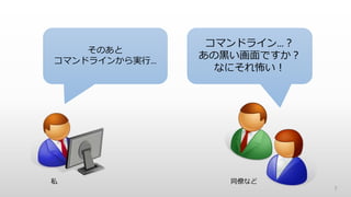 7
そのあと
コマンドラインから実行…
コマンドライン…？
あの黒い画面ですか？
なにそれ怖い！
私 同僚など
 