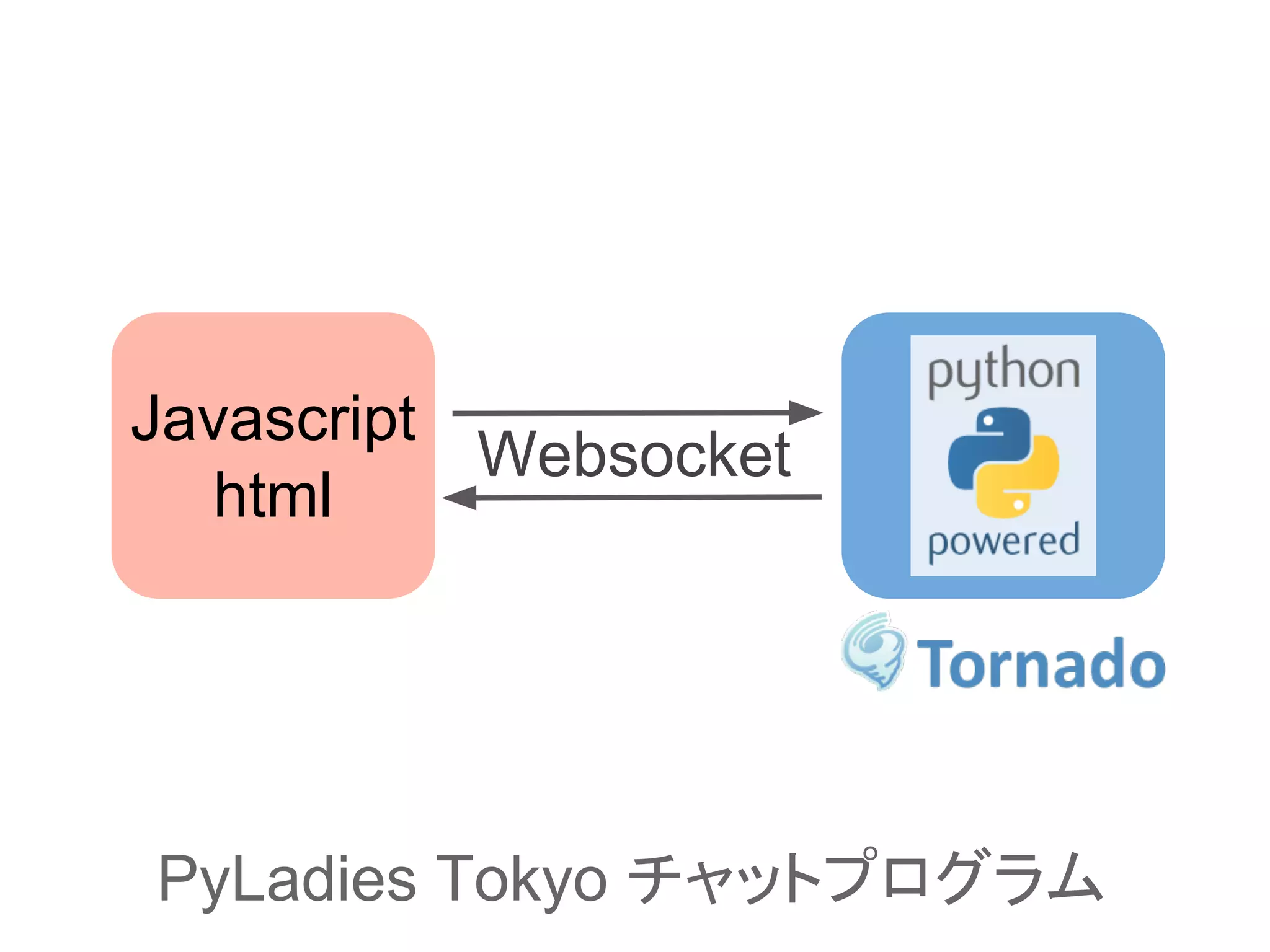 Javascript
html
Websocket
PyLadies Tokyo チャットプログラム
 