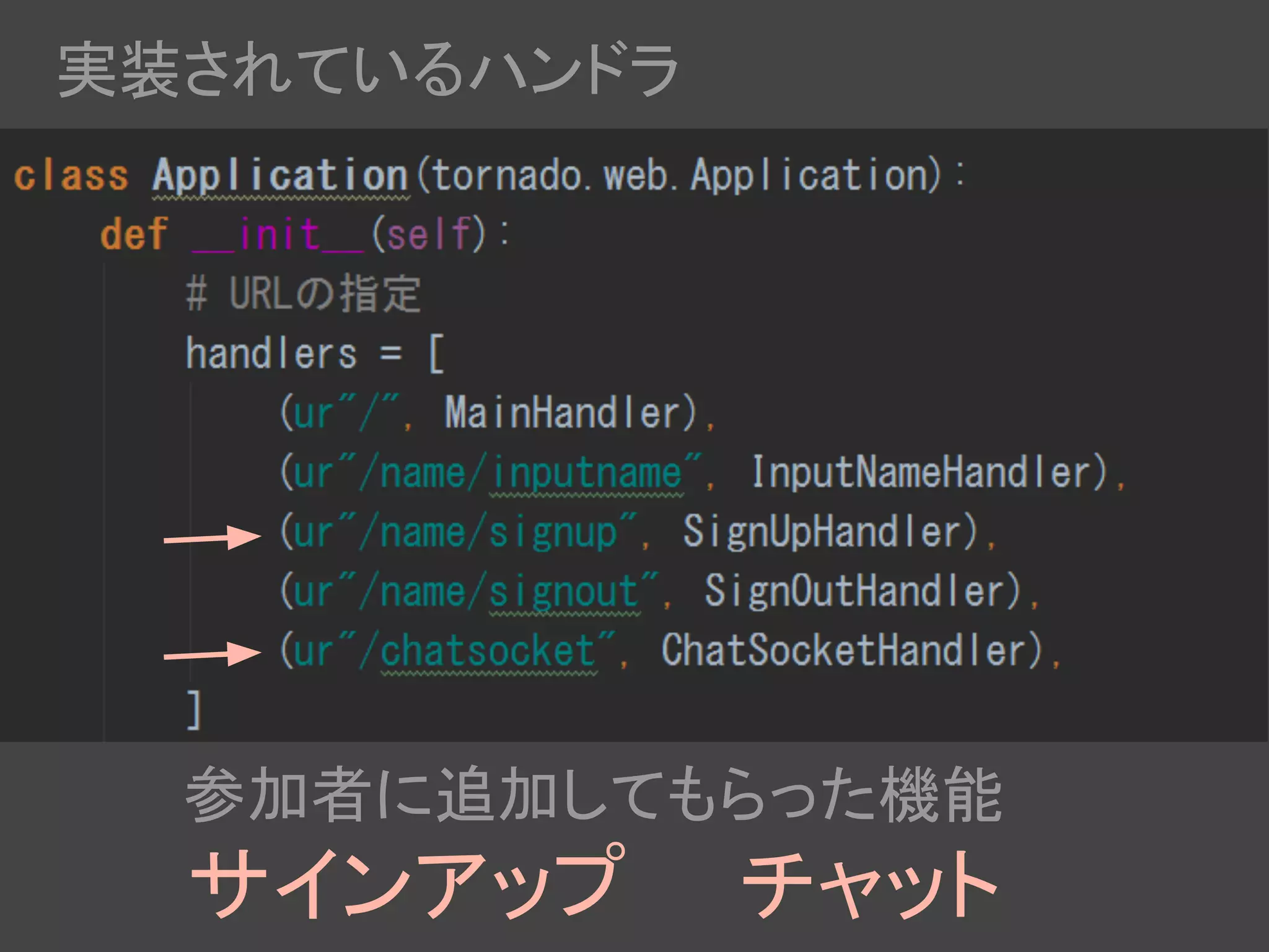 参加者に追加してもらった機能
サインアップ　　チャット
実装されているハンドラ
 