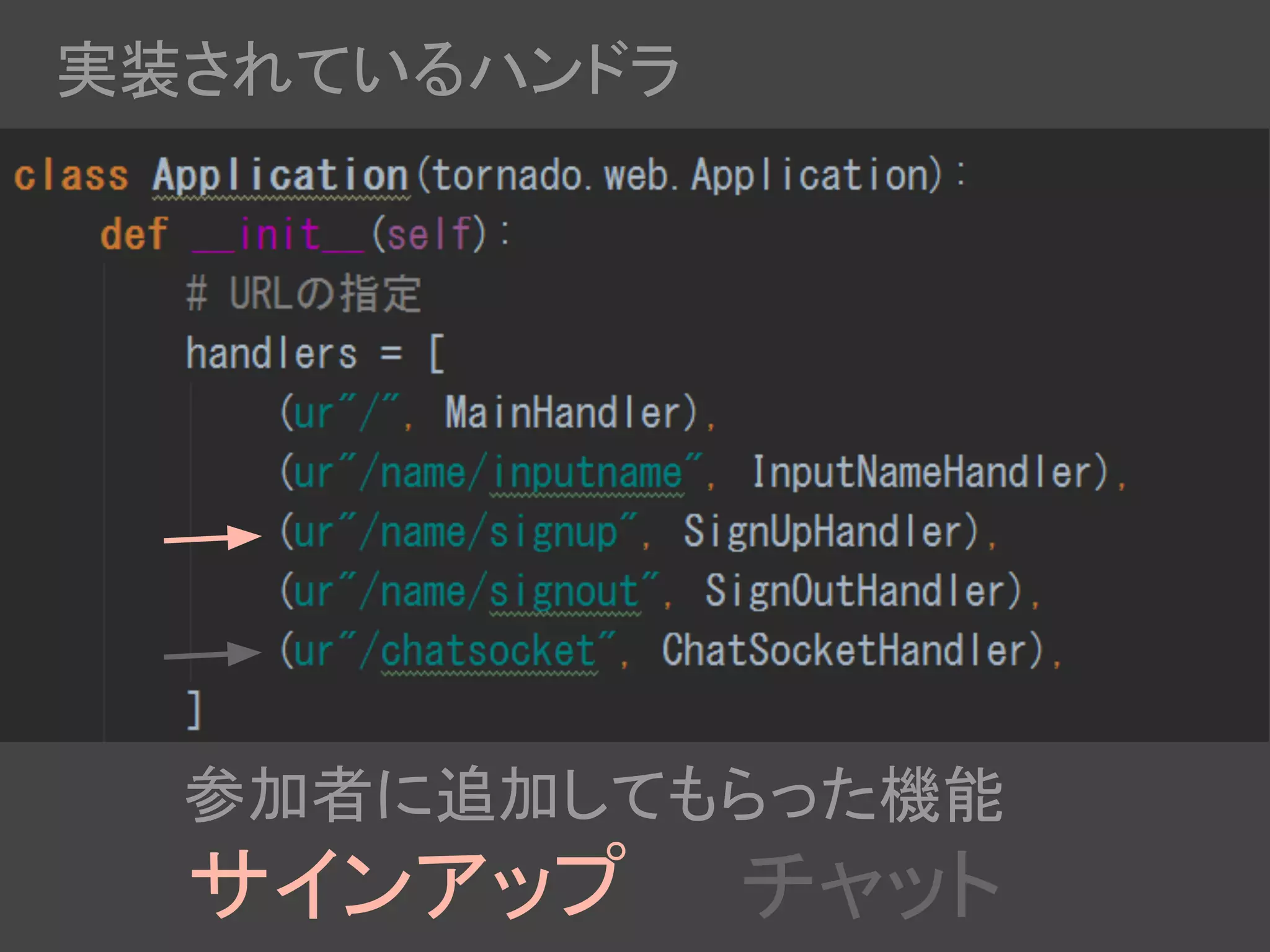 参加者に追加してもらった機能
サインアップ　　チャット
実装されているハンドラ
 