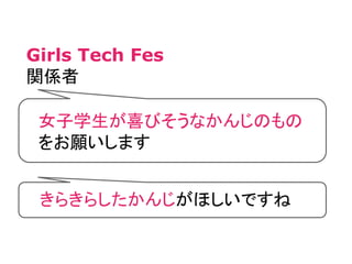 女子学生が喜びそうなかんじのもの
をお願いします
きらきらしたかんじがほしいですね
Girls Tech Fes
関係者
 