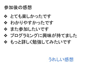 参加後の感想
❖ とても楽しかったです
❖ わかりやすかったです
❖ また参加したいです
❖ プログラミングに興味が持てました
❖ もっと詳しく勉強してみたいです
うれしい感想
 