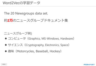 Word2Vecの学習データ
MBSD
The 20 Newsgroups data set.
約2万のニュースグループドキュメント集
ニュースグループ例)
 コンピュータ（Graphics, MS-Windows, Hardware）
 ...