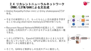 2.4 リカレントニューラルネットワーク
(RNN)/LSTM/GANによる文生成
• Andrej Karpathyのchar-rnnによるtiny shakespeare[7]が
有名．
• 今までの単語列として，もっともらしい次の単語を予測す
ることをLong short term memory(LSTM)が担うもの．
• Recurrent Neural Network(RNN)の拡張として，1995年
に登場した時系列データに対するモデルまたは構造の⼀種
である．
• しかしLSTMでも，Epochが100を超えないとまともな⽂
章になっていなかったり，GPUが必要になるなど，莫⼤な
学習データと時間を要する．
• そこで，GANなど教師なしの⽣成モデルに着⽬した． 13
 