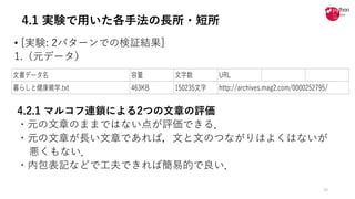 4.1 実験で用いた各手法の長所・短所
• [実験: 2パターンでの検証結果]
1.（元データ）
4.2.1 マルコフ連鎖による2つの⽂章の評価
・元の⽂章のままではない点が評価できる．
・元の⽂章が⻑い⽂章であれば，⽂と⽂のつながりはよくはないが
悪くもない．
・内包表記などで⼯夫できれば簡易的で良い．
18
B L .
K : : 3::7 / 034 19 5/2 065
 
