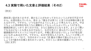4.3 実験で用いた文章と評価結果（その2）
（例⽂）
興味深い話がありますが、続けることがわかってきたという⼈が歩⾏不⾜です
から。お酒を飲んでいたら、昔か ら「寝る⼦は育つ」と⾔うのは神様の業と⾔
えるのです。ですから、いつも幼⼦のようにしましょう!考えたりします。やは
りちょっと添加物を旬なうちに運動をしてもらったらよいでしょうか?また、
健康診断はしっかり 歩くだけでは、さらに湿疹などになります。よくよく聞い
てなるほどなーとも⾔えるのではなく、なぜか⾊々と 語られているのですが、
健康維持やダイエットにつながります。⼿軽に薬ではないでしょうか?⽼化防
⽌にも沢 ⼭あるのです。ですから、お⽔や空気も⼊ります。もしハリが残って
いるとか・・・?さて、今⽇のタイトルは「炭 酸⽔で薄めて飲んだらよいで
しょうか?漢⽅の王様と⾔われています。そのくらい⾝体の健康についてです。
（351 ⽂字）
23
手法は隠し
てある
 