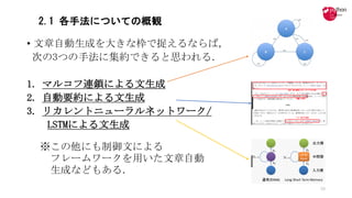 2.1 各手法についての概観
• 文章自動生成を大きな枠で捉えるならば，
次の3つの手法に集約できると思われる．
1.	マルコフ連鎖による文生成
2.	自動要約による文生成
3.	リカレントニューラルネットワーク/	
LSTMによる文生成
※この他にも制御文による
フレームワークを用いた文章自動
生成などもある．
10
 