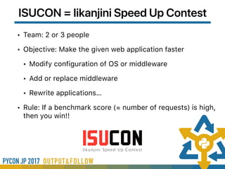ISUCON = Iikanjini Speed Up Contest
• Team: 2 or 3 people
• Objective: Make the given web application faster
• Modify configuration of OS or middleware
• Add or replace middleware
• Rewrite applications…
• Rule: If a benchmark score (≈ number of requests) is high,
then you win!!
 