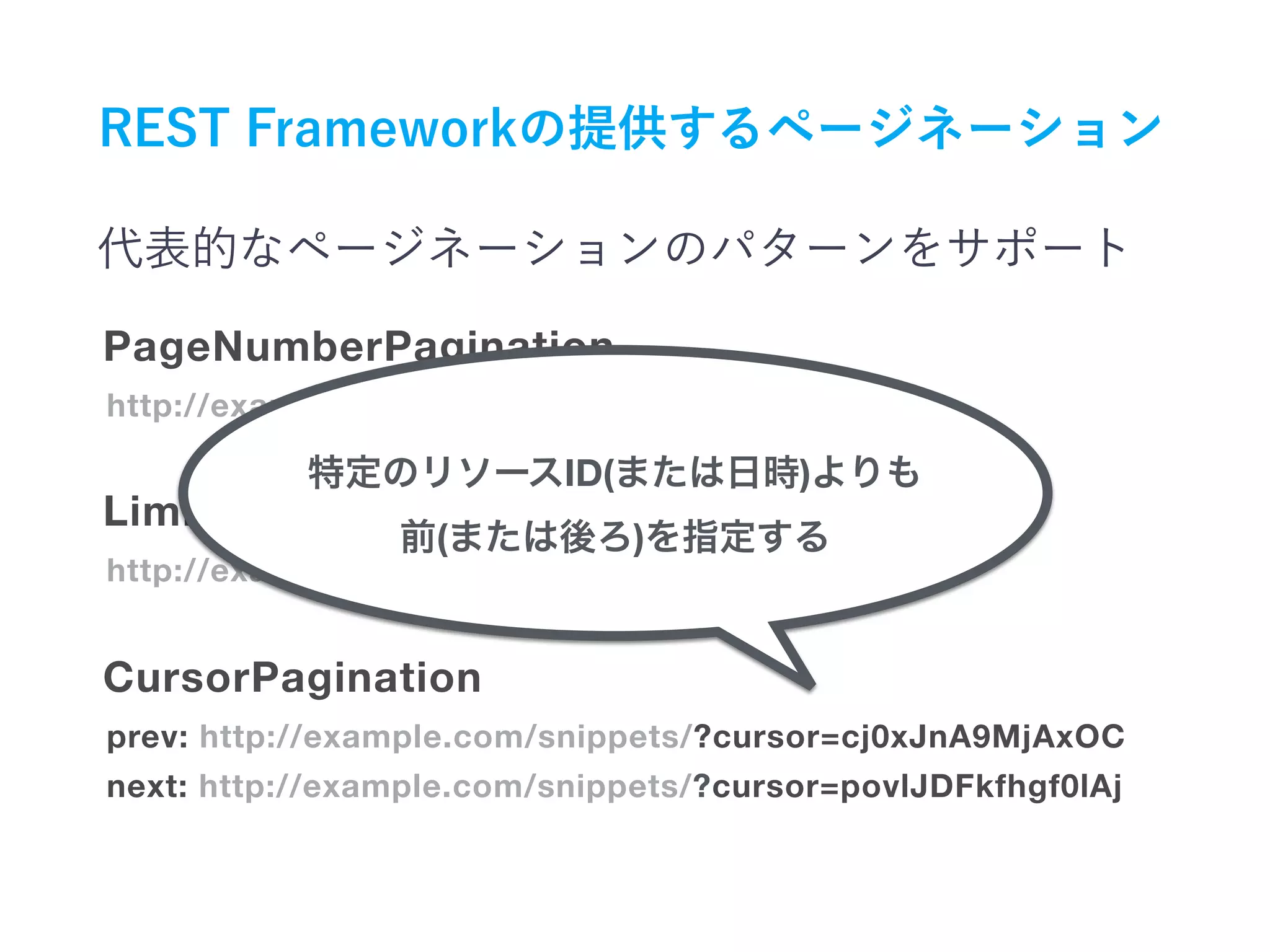 http://example.com/snippets/?page=4
PageNumberPagination
http://example.com/snippets/?limit=50&offset=250
prev: http://example.com/snippets/?cursor=cj0xJnA9MjAxOC
next: http://example.com/snippets/?cursor=povlJDFkfhgf0lAj
LimitOffsetPagination
CursorPagination
ID( )
( )
 