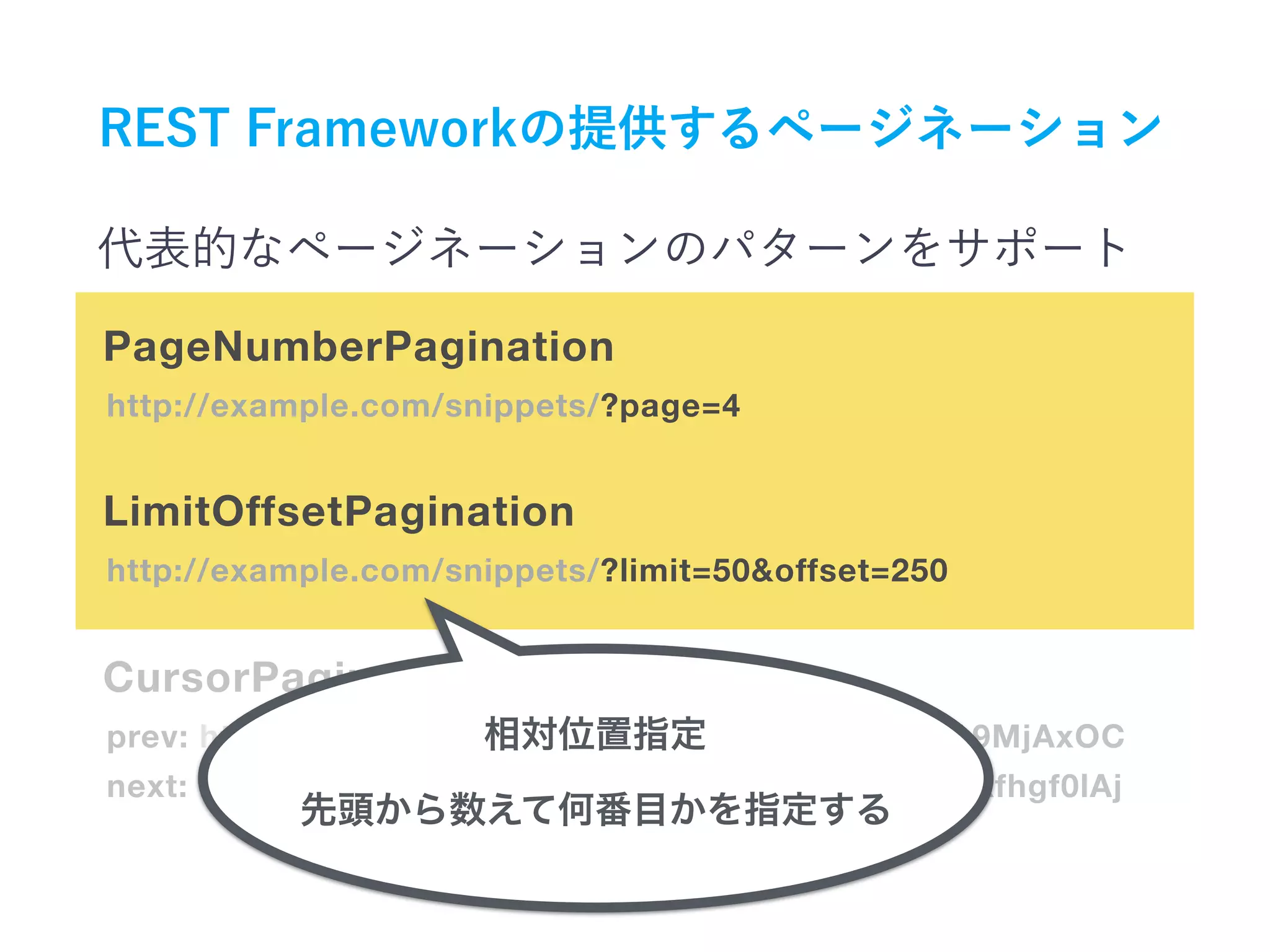http://example.com/snippets/?page=4
PageNumberPagination
http://example.com/snippets/?limit=50&offset=250
prev: http://example.com/snippets/?cursor=cj0xJnA9MjAxOC
next: http://example.com/snippets/?cursor=povlJDFkfhgf0lAj
LimitOffsetPagination
CursorPagination
 