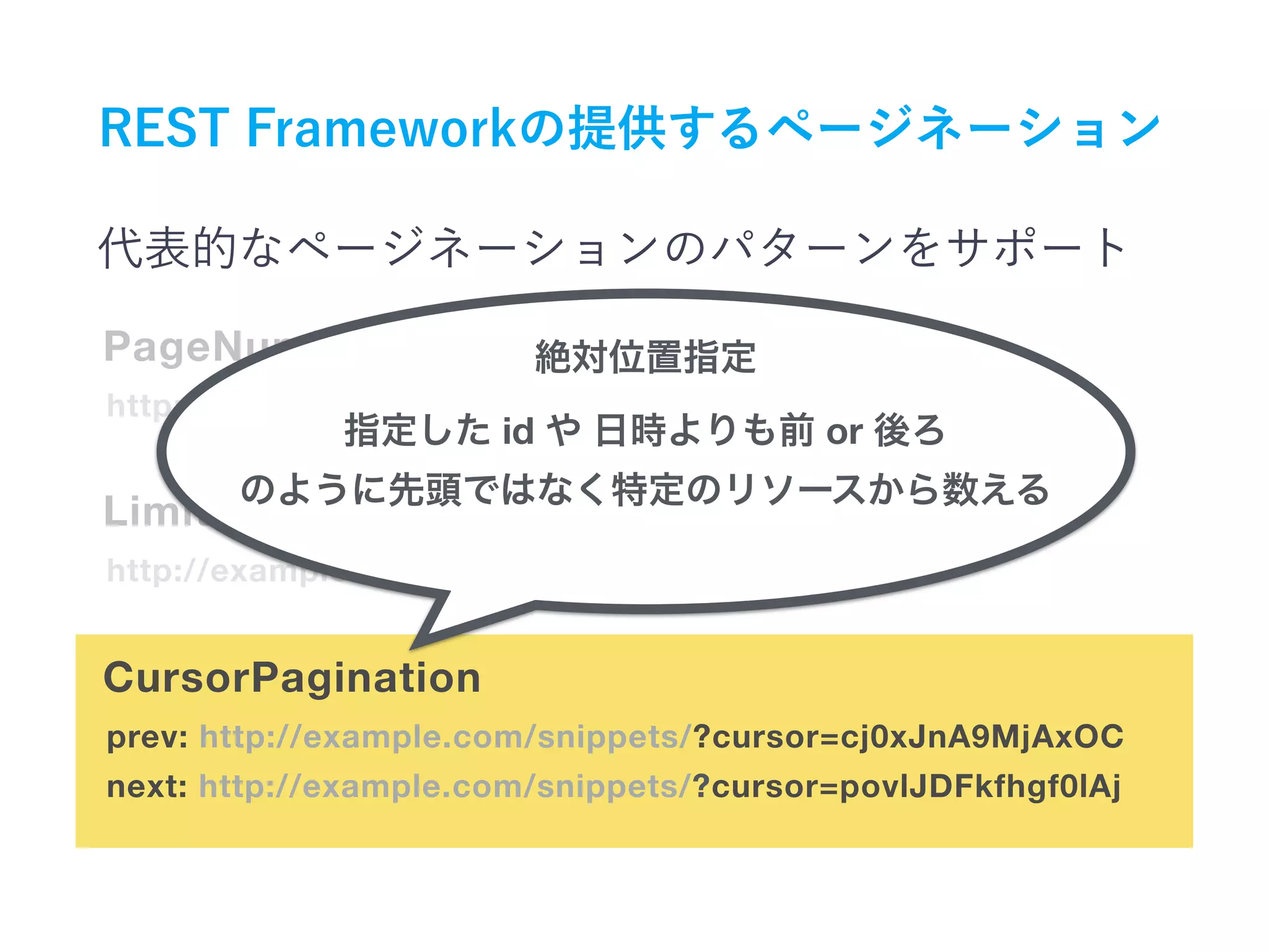 http://example.com/snippets/?page=4
PageNumberPagination
http://example.com/snippets/?limit=50&offset=250
prev: http://example.com/snippets/?cursor=cj0xJnA9MjAxOC
next: http://example.com/snippets/?cursor=povlJDFkfhgf0lAj
LimitOffsetPagination
CursorPagination
id or
 