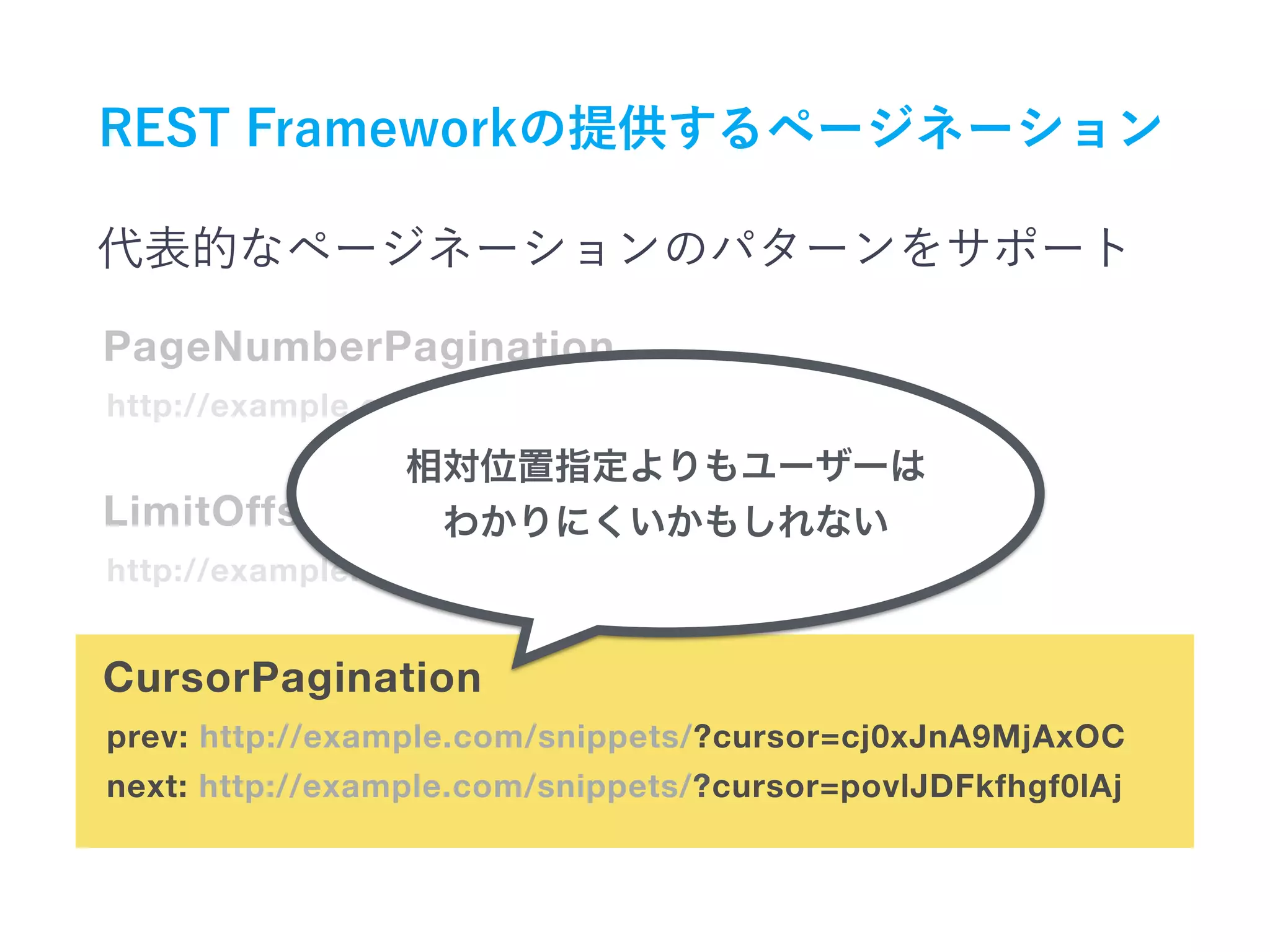 http://example.com/snippets/?page=4
PageNumberPagination
http://example.com/snippets/?limit=50&offset=250
prev: http://example.com/snippets/?cursor=cj0xJnA9MjAxOC
next: http://example.com/snippets/?cursor=povlJDFkfhgf0lAj
LimitOffsetPagination
CursorPagination
 