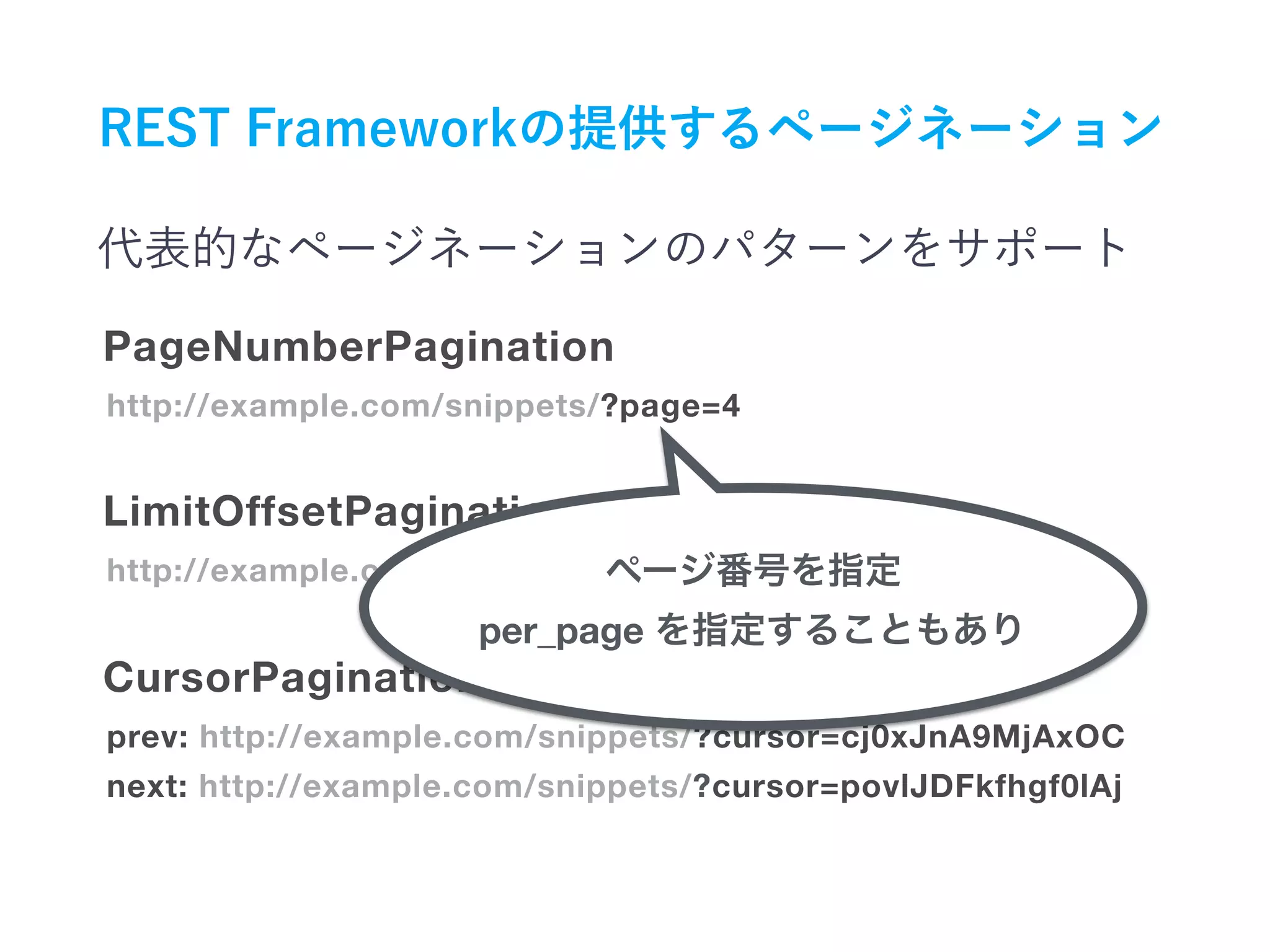 http://example.com/snippets/?page=4
PageNumberPagination
http://example.com/snippets/?limit=5&offset=400
prev: http://example.com/snippets/?cursor=cj0xJnA9MjAxOC
next: http://example.com/snippets/?cursor=povlJDFkfhgf0lAj
LimitOffsetPagination
CursorPagination
per_page
 