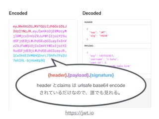 https://jwt.io
{header}.{payload}.{signature}
header claims urlsafe base64 encode

 