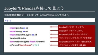 JupyterでPandasを使って見よう
飛行機乗客数のデータを使ってPandasで読み込んでみよう
In [ 1 ]:
import pandas as pd
import numpy as np
import matplotlib.pyplot as plt
%matplotlib inline
from matplotlib.pylab import rcParams
rcParams['figure.figsize'] = 15, 6
Pandasをインポートします。
numpyをインポートします。
matplotlibをインポートします。
マジックコマンドでインラインを指定
matplotlibのデフォルト設定を変更
グラフのサイズを変更（横,縦）
 
