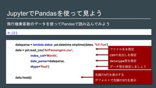 JupyterでPandasを使って見よう
飛行機乗客数のデータを使ってPandasで読み込んでみよう
In [ 2 ]:
dateparse = lambda dates: pd.datetime.strptime(dates, '%Y-%m')
data = pd.read_csv('AirPassengers.csv',
index_col='Month',
date_parser=dateparse,
dtype='float')
data.head()
ファイル名を指定
先頭の5行を表示する
デフォルトで先頭の5行を表示
CSVの見出しを指定
datatype型を指定
データ型を指定しましょう
 