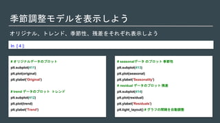 季節調整モデルを表示しよう
オリジナル、トレンド、季節性、残差をそれぞれ表示しよう
In [ 4 ]:
# オリジナルデータのプロット
plt.subplot(411)
plt.plot(original)
plt.ylabel('Original')
# trend データのプロット トレンド
plt.subplot(412)
plt.plot(trend)
plt.ylabel('Trend')
# seasonalデータ のプロット 季節性
plt.subplot(413)
plt.plot(seasonal)
plt.ylabel('Seasonality')
# residual データのプロット 残差
plt.subplot(414)
plt.plot(residual)
plt.ylabel('Residuals')
plt.tight_layout() # グラフの間隔を自動調整
 