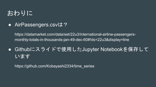 おわりに
● AirPassengers.csvは？
https://datamarket.com/data/set/22u3/international-airline-passengers-
monthly-totals-in-thousands-jan-49-dec-60#!ds=22u3&display=line
● Githubにスライドで使用したJupyter Notebookを保存して
います
https://github.com/Kobayashi2334/time_series
 