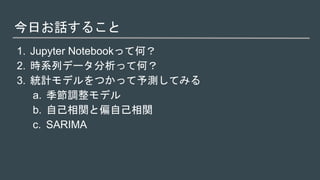 今日お話すること
1. Jupyter Notebookって何？
2. 時系列データ分析って何？
3. 統計モデルをつかって予測してみる
a. 季節調整モデル
b. 自己相関と偏自己相関
c. SARIMA
 
