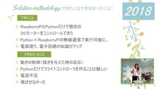 Solution methodology（できたことできなかったこと）
✢ RaspberryPiとPythonだけで個別の
　　DCモーターをコントロールできた
✢ Python×RaspberryPiの無線通信で実行可能に。
✢ 電源周り、電子回路の知識がアップ
23
できたこと
✢ 動きの制御（傾きを与えた時の反応）
✢ Pythonだけでフライトコントローラを作ることは難しい
✢ 電流不足
✢ 飛ばせなかった
できなかったこと
2018
 