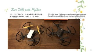 Run Tello with Python
30
TELLOはこちらです。性能や種類も異なります。
左は普通のTELLO 　右がTELLO　EDU
TELLO is here. Performance and type are also different.
The left is normal TELLO and the right is TELLO EDU
 