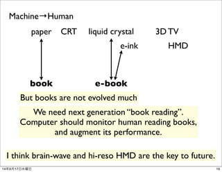 Machine→Human 
paper CRT liquid crystal 3D TV 
e-ink HMD 
book e-book 
But books are not evolved much 
We need next genera...