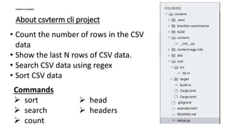 About csvterm cli project
Csvterm cli project
• Count the number of rows in the CSV
data
• Show the last N rows of CSV data.
• Search CSV data using regex
• Sort CSV data
Commands
 sort
 search
 count
 head
 headers
 
