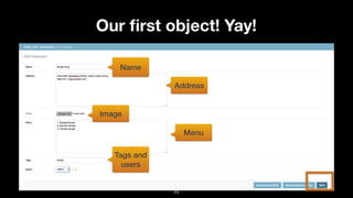 Our ﬁrst object! Yay!
Name
Address
Image
Menu
Tags and
users
23
 