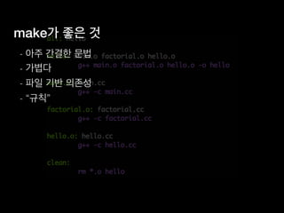 make가 좋은 것
- 아주 간결한 문법
- 가볍다
- 파일 기반 의존성
- “규칙”
 