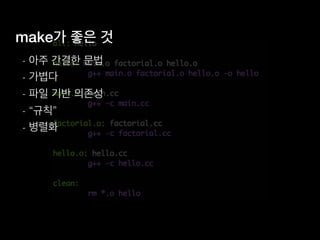 make가 좋은 것
- 아주 간결한 문법
- 가볍다
- 파일 기반 의존성
- “규칙”
- 병렬화
 