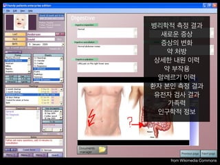 from Wikimedia Commons
병리학적 측정 결과
새로운 증상
증상의 변화
약 처방
상세한 내원 이력
약 부작용
알레르기 이력
환자 본인 측정 결과
유전자 검사 결과
가족력
인구학적 정보
 