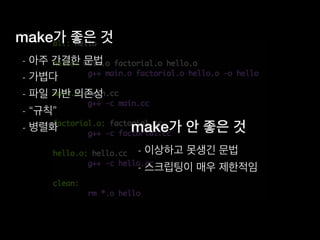 make가 좋은 것
- 아주 간결한 문법
- 가볍다
- 파일 기반 의존성
- “규칙”
- 병렬화 make가 안 좋은 것
- 이상하고 못생긴 문법
- 스크립팅이 매우 제한적임
 