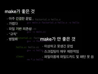 make가 좋은 것
- 아주 간결한 문법
- 가볍다
- 파일 기반 의존성
- “규칙”
- 병렬화 make가 안 좋은 것
- 이상하고 못생긴 문법
- 스크립팅이 매우 제한적임
- 파일이름에 와일드카드 및 패턴 못 씀
 