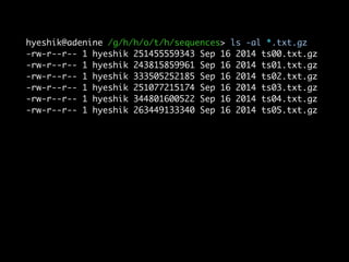 hyeshik@adenine /g/h/h/o/t/h/sequences> ls -al *.txt.gz
-rw-r--r-- 1 hyeshik 251455559343 Sep 16 2014 ts00.txt.gz
-rw-r--r-- 1 hyeshik 243815859961 Sep 16 2014 ts01.txt.gz
-rw-r--r-- 1 hyeshik 333505252185 Sep 16 2014 ts02.txt.gz
-rw-r--r-- 1 hyeshik 251077215174 Sep 16 2014 ts03.txt.gz
-rw-r--r-- 1 hyeshik 344801600522 Sep 16 2014 ts04.txt.gz
-rw-r--r-- 1 hyeshik 263449133340 Sep 16 2014 ts05.txt.gz
 